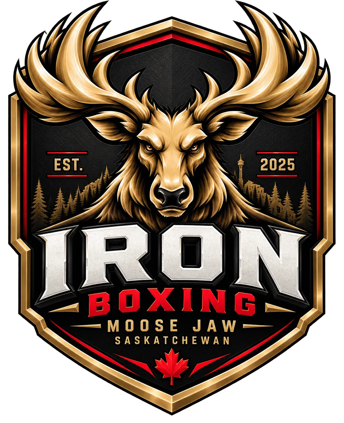 Iron Boxing badge: gold moose head shield, est. 2025, Moose Jaw Saskatchewan